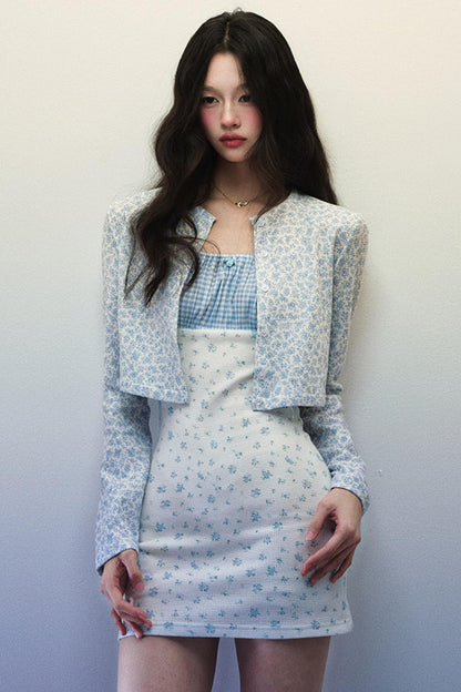 Blue Plaid Floral Halter Dress & Cardigan Set-Up