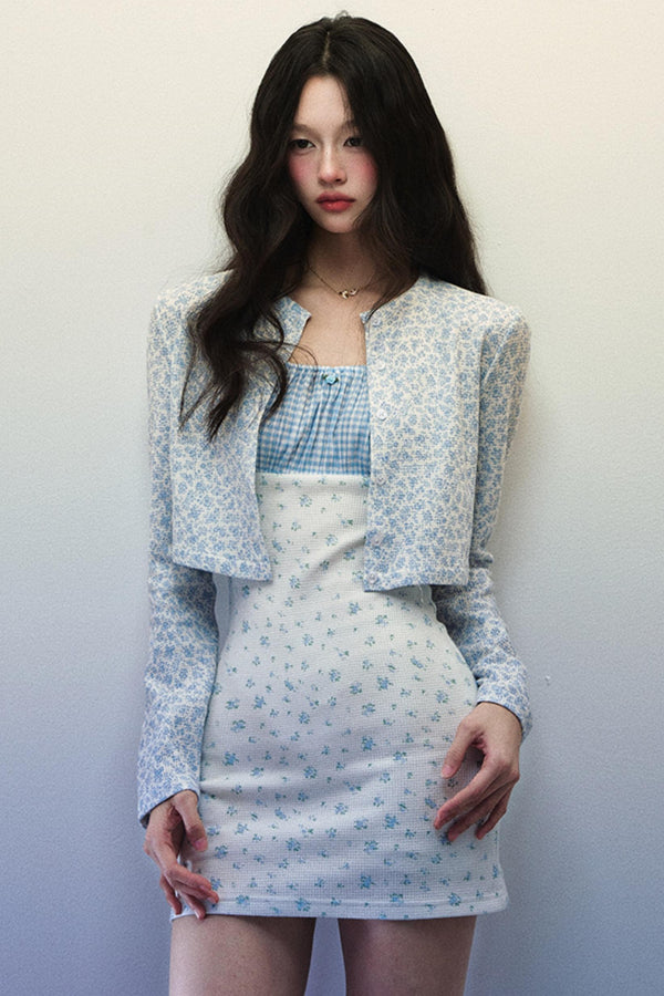 Blue Plaid Floral Halter Dress & Cardigan Set-Up