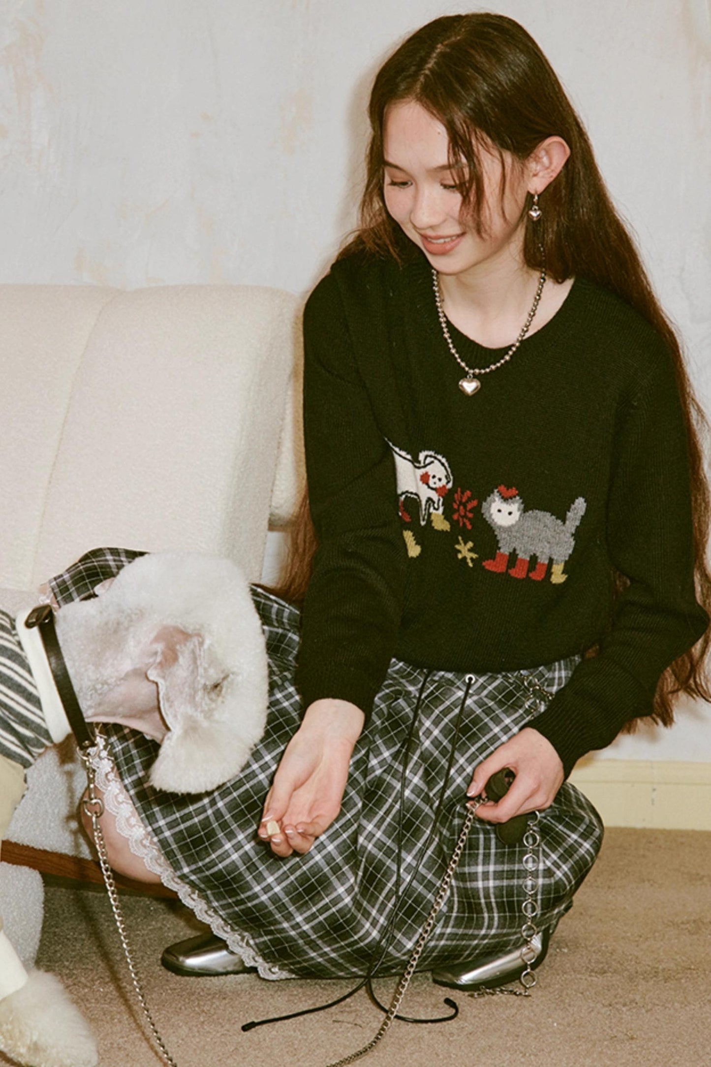 Kitten And Puppy Embroidered Wool Blend Knit Sweater