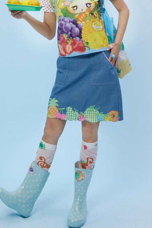 Fruit Embroidered Denim Skirt