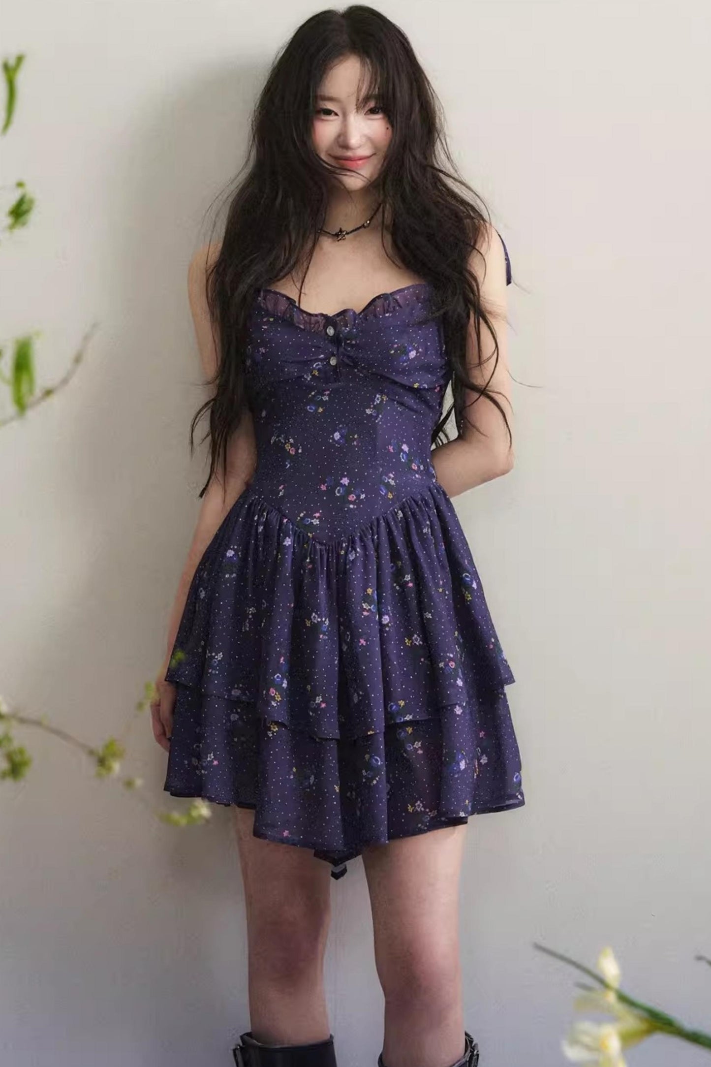 Dark Purple Chiffon Floral Dress