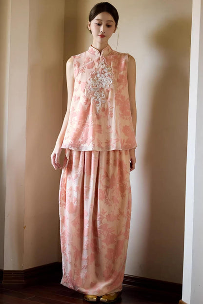 Embroidered Pink Cheongsam Skirt Set-Up