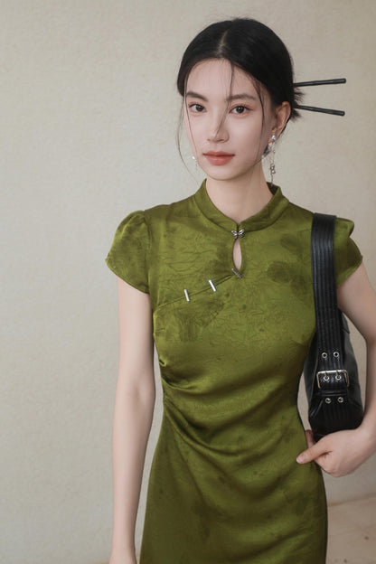 Summer Green Satin Cheongsam Dress