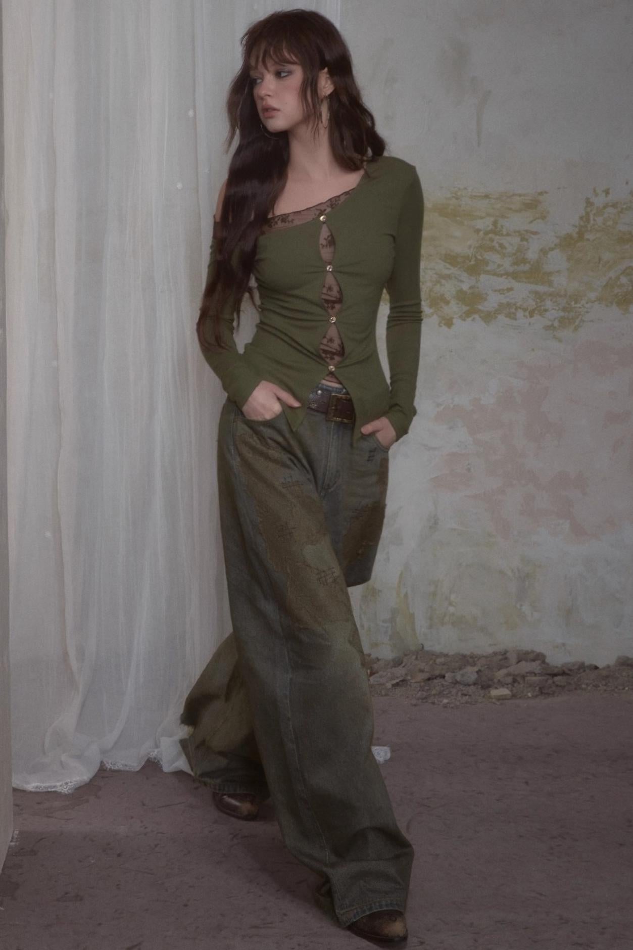 Retro Lace Straight Jeans