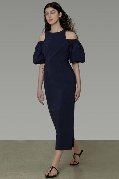 Navy Slim Bubble Sleeve Maxi Dress