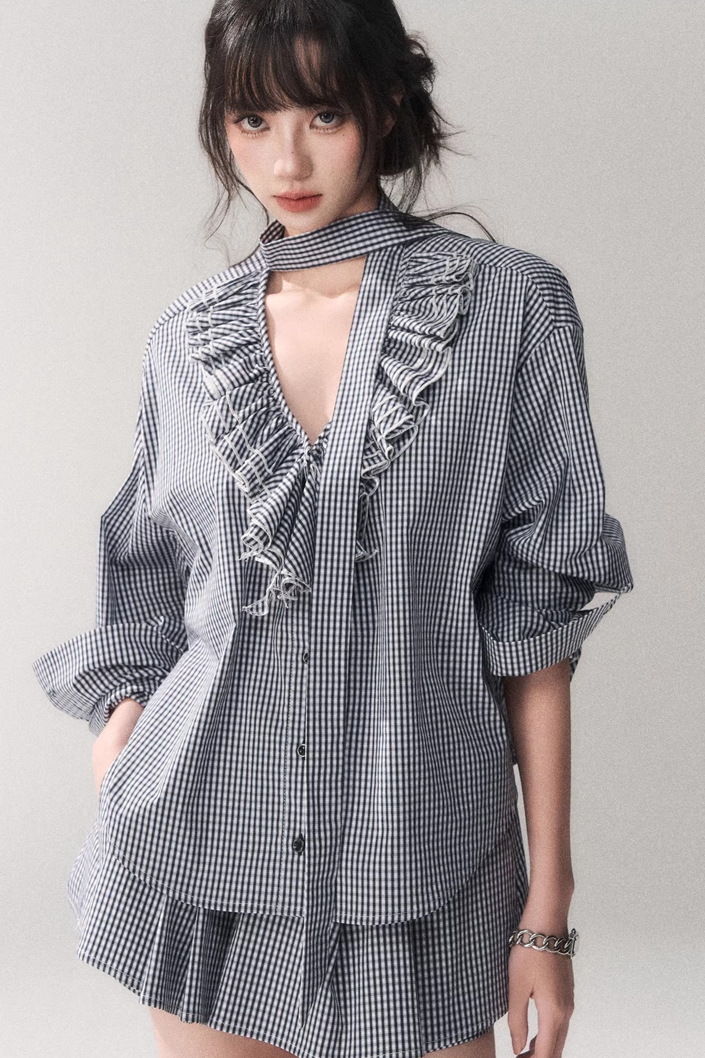 Blue Check Lace Blouse Set-Up