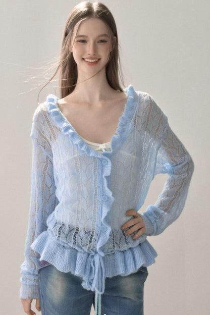Knit Ruffled Cut Out Blouse