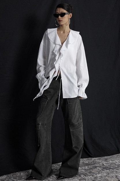 Winter White Ruffled V-Neck Shirt