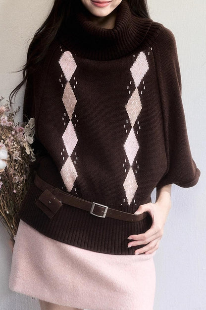 Retro Diamond Wool Knit Cape Sweater