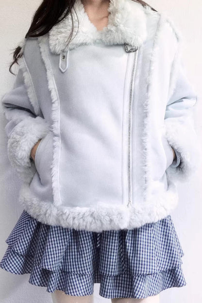 Mint Blue Patchwork Fur Jacket Set