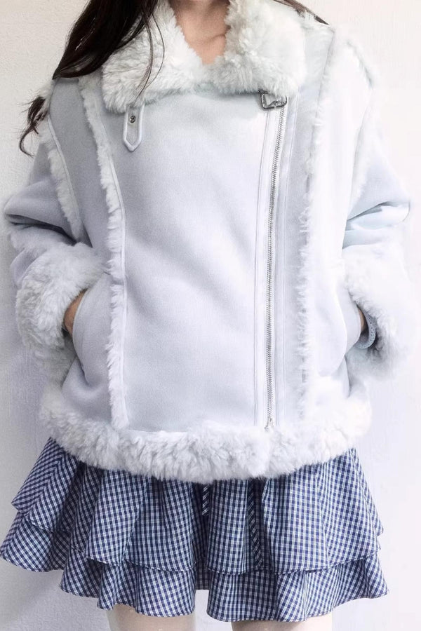 Mint Blue Patchwork Fur Jacket Set