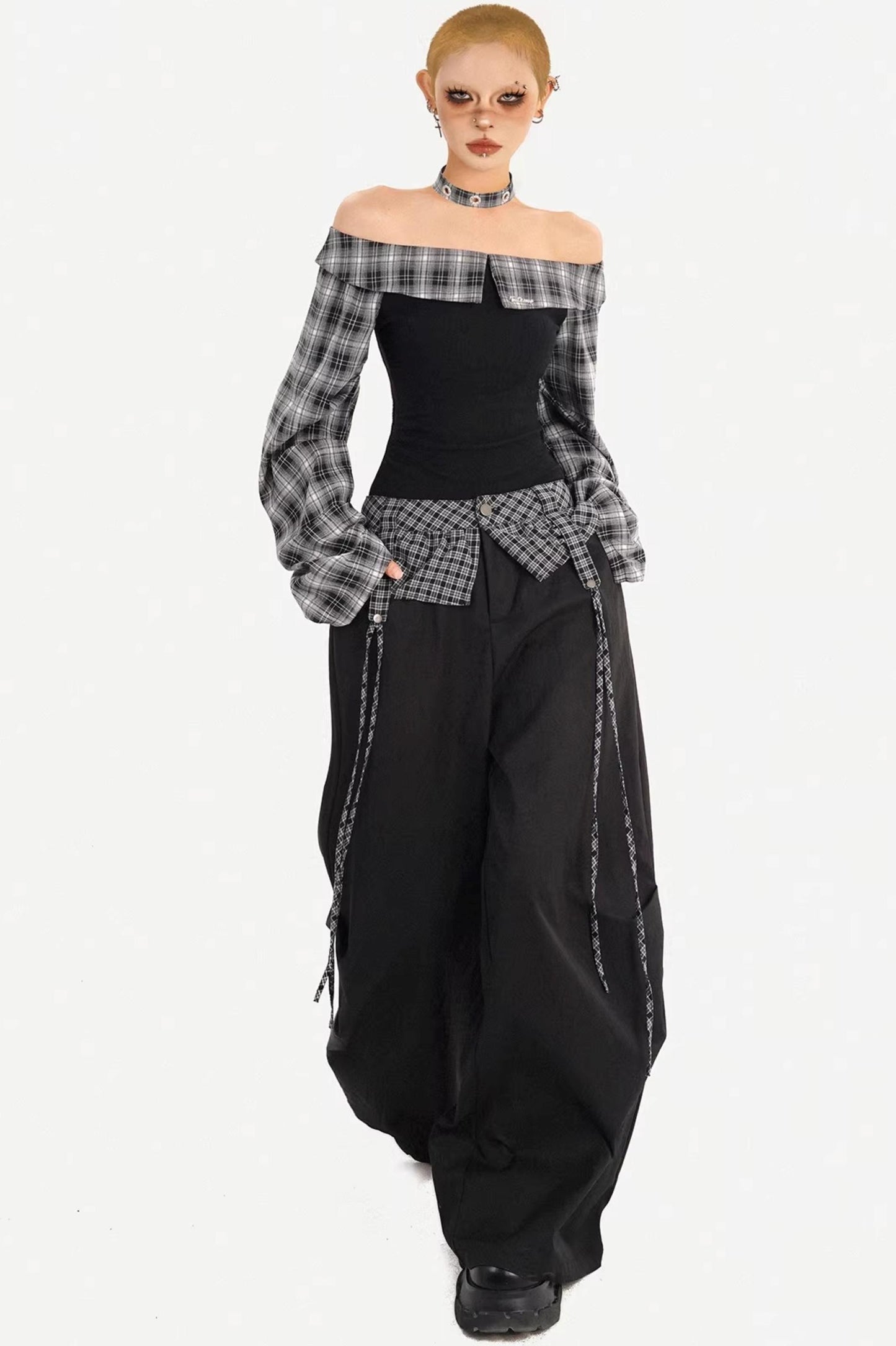 Plaid Off-Shoulder Pants Set-Up