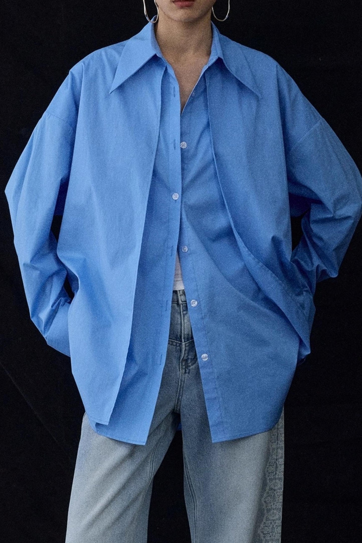 Blue Pointed Long-Sleeved Shirt