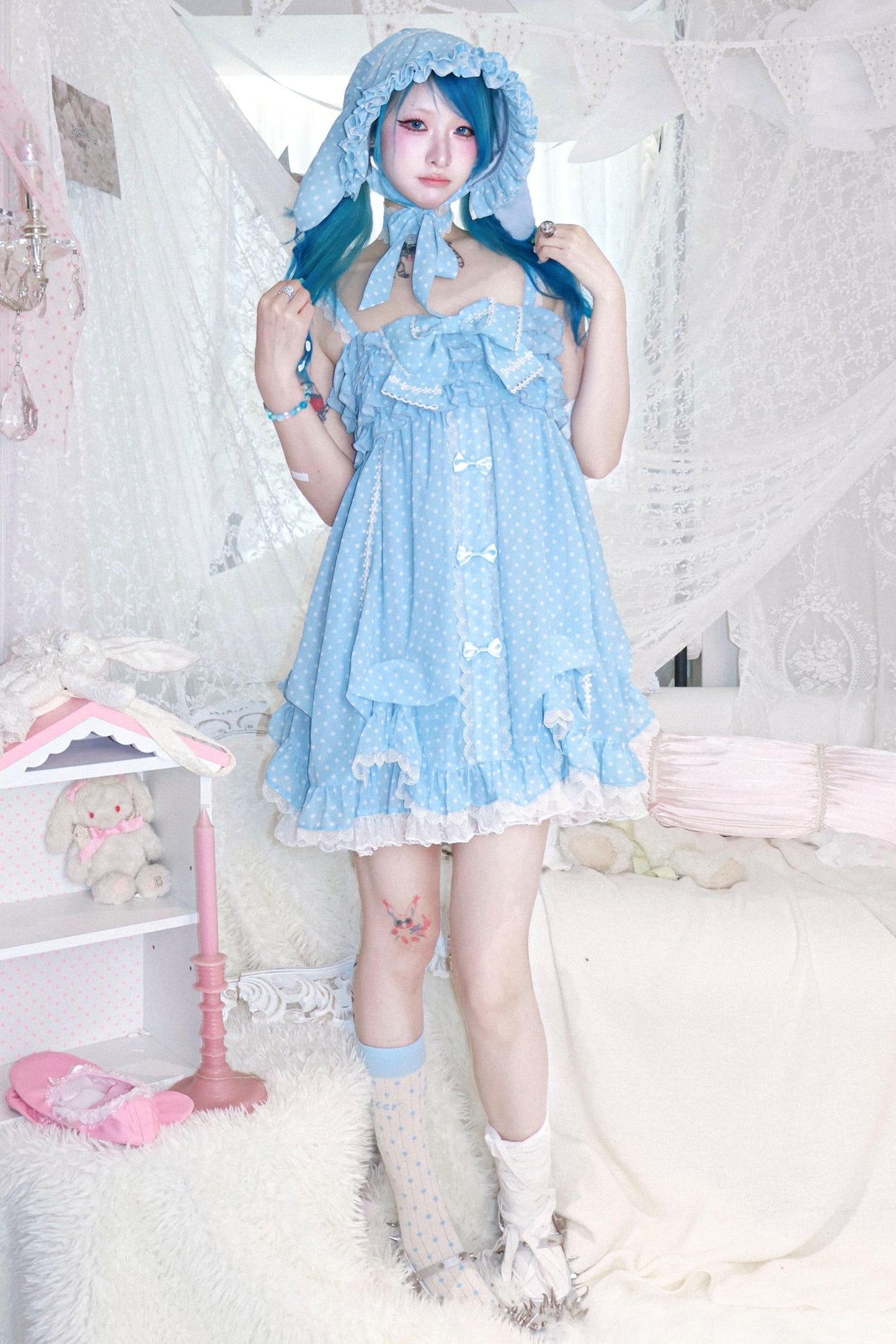 Polka Dot Chiffon Bow Dress Jacket Set-Up