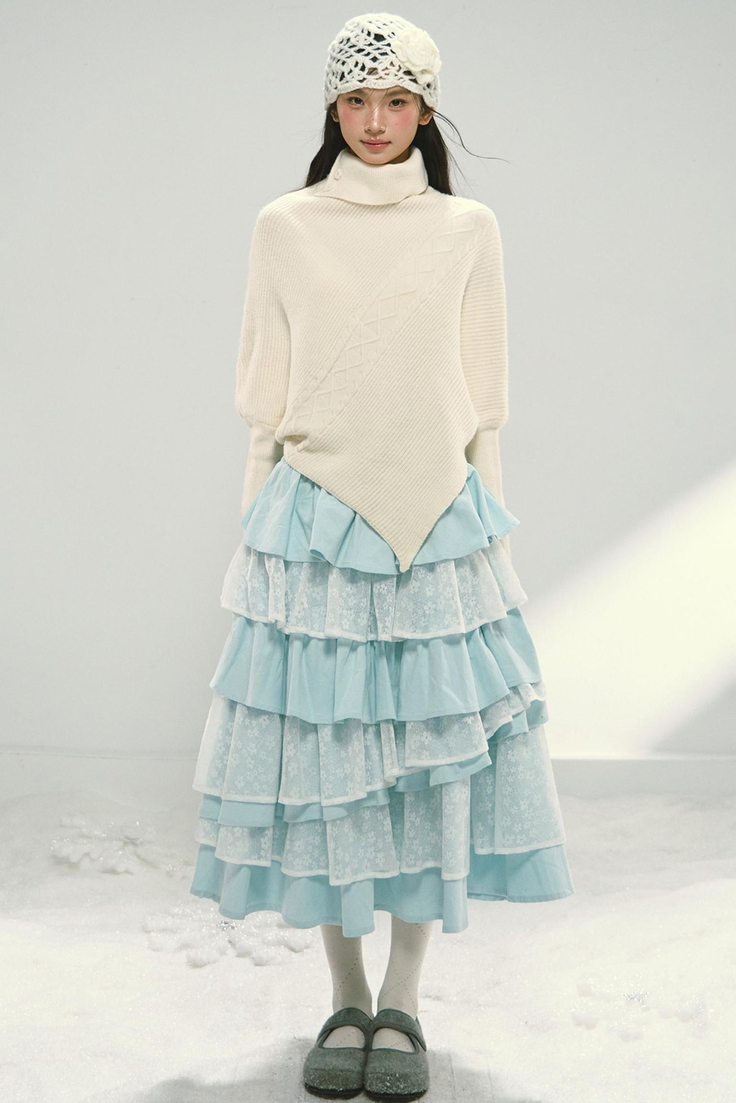 Mint Blue Lace Patchwork Puffy Skirt