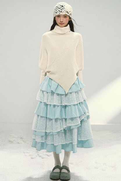 Mint Blue Lace Patchwork Puffy Skirt