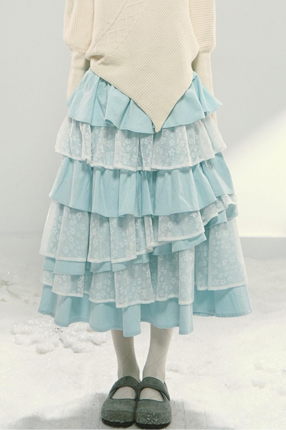 Mint Blue Lace Patchwork Puffy Skirt