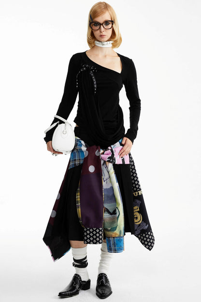 Street Print Deconstructed Stitched Skirt