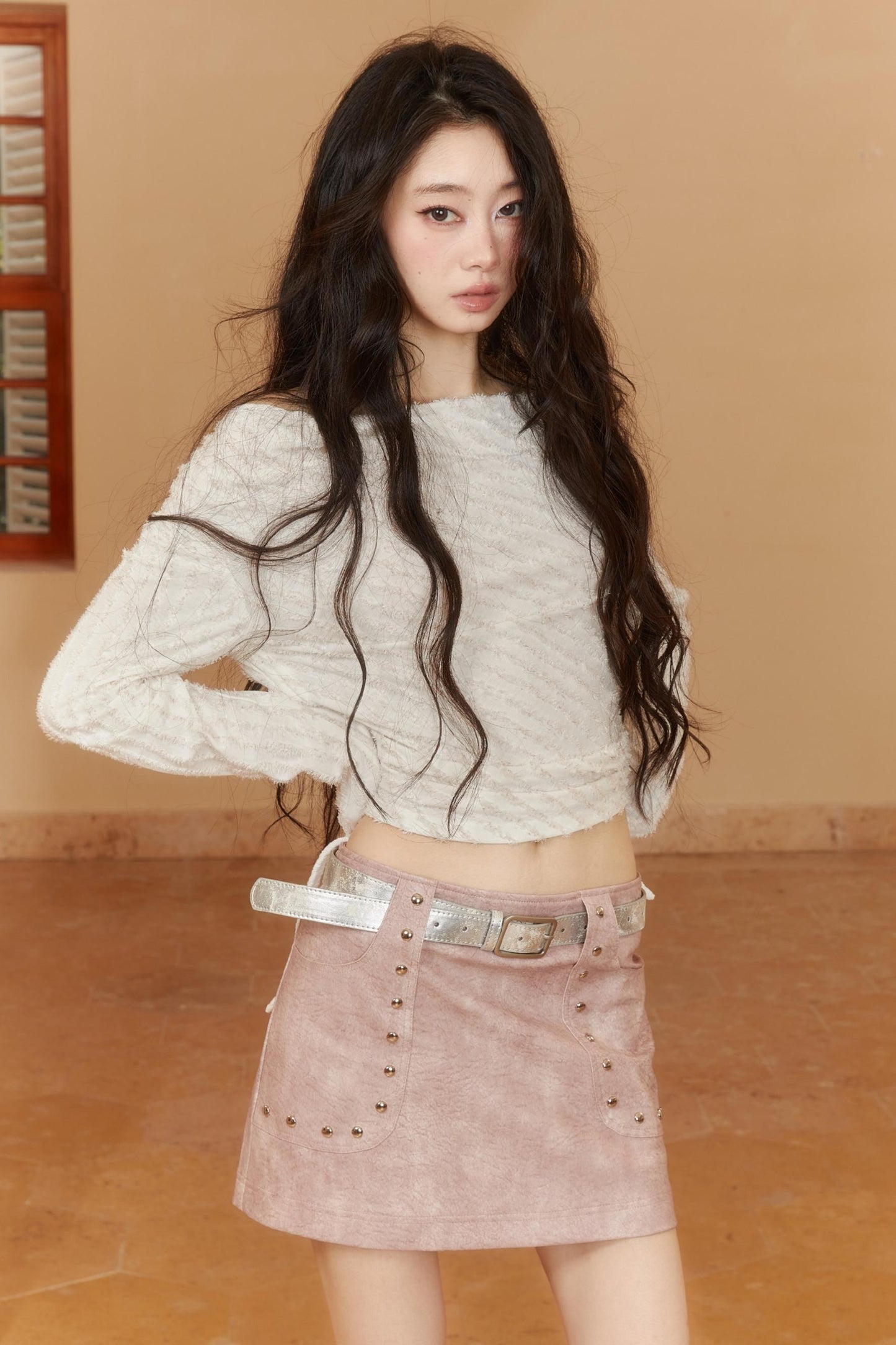 Pink Beaded Leather Skirt