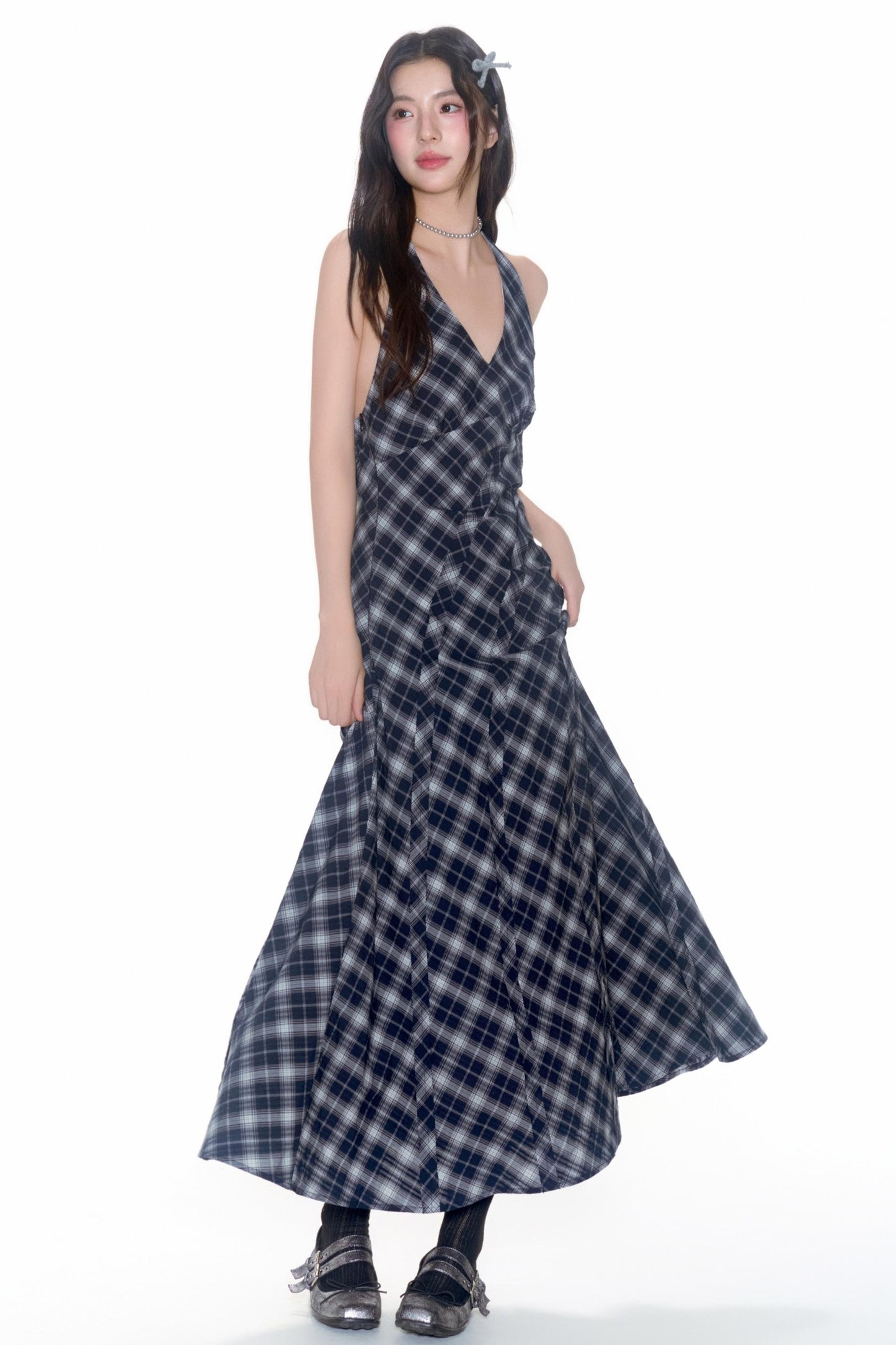 Plaid V-Neck Flutter Maxi Dress