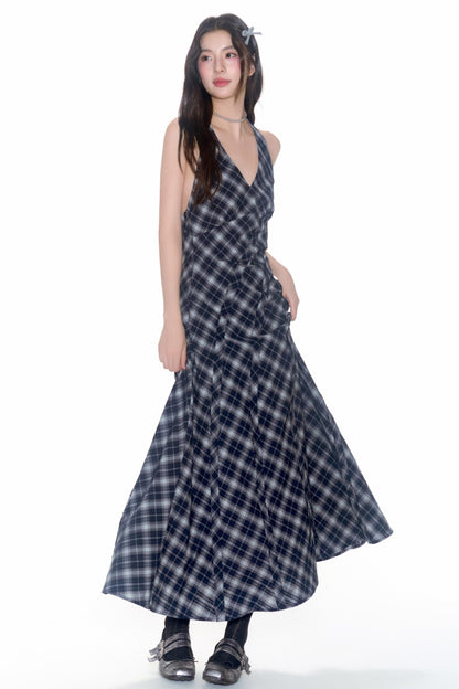 Plaid V-Neck Flutter Maxi Dress