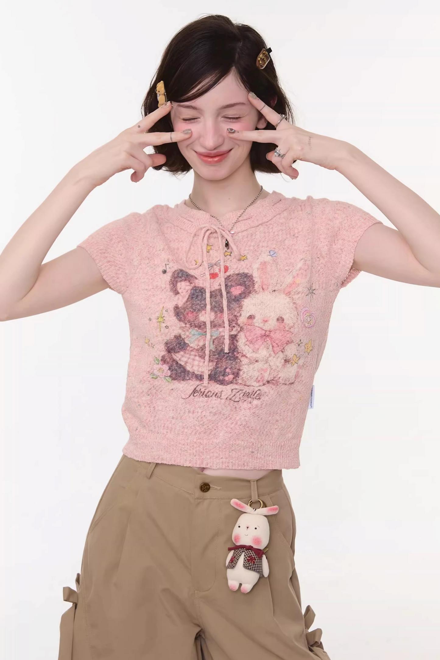 Retro Pink Bear and Rabbit Top