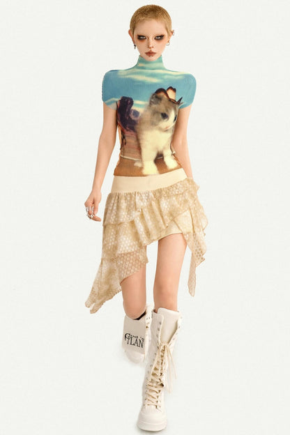 Figurbetontes T-Shirt mit Kätzchen-Print