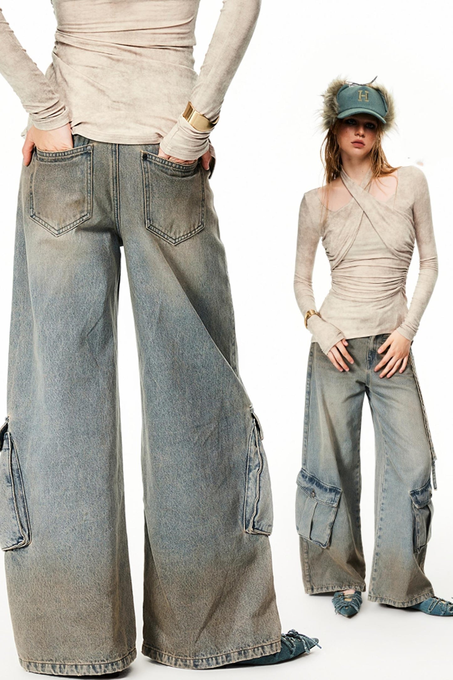 Heavy-Washed Wide-Leg Cargo Jeans