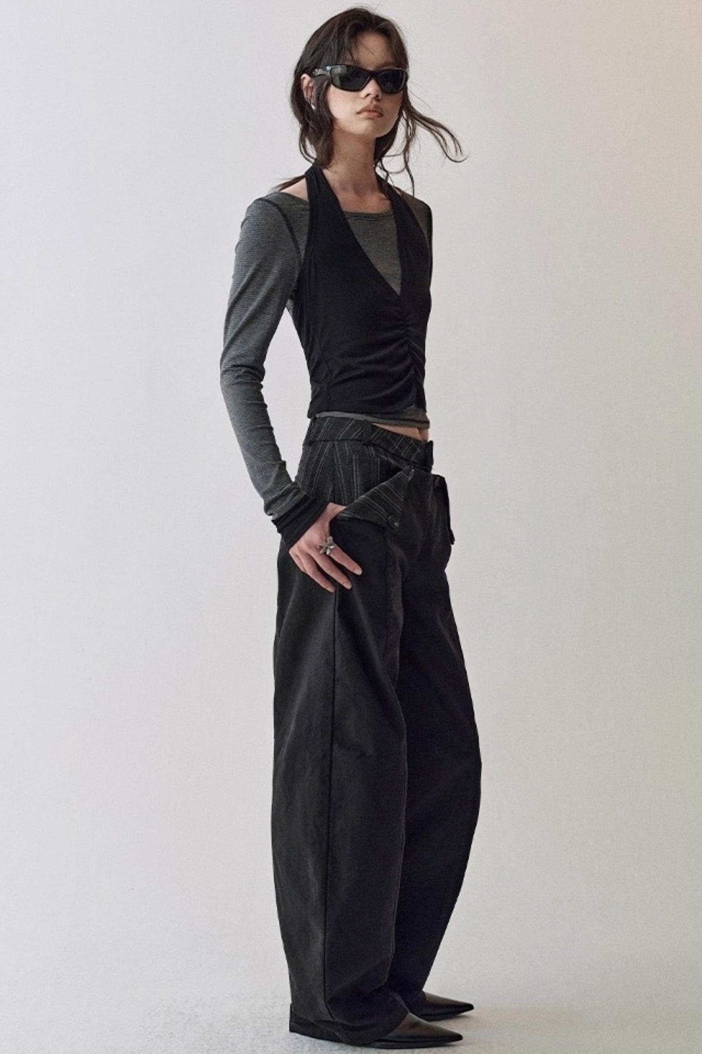 Striped Stitching Two-Piece Halterneck T-shirt