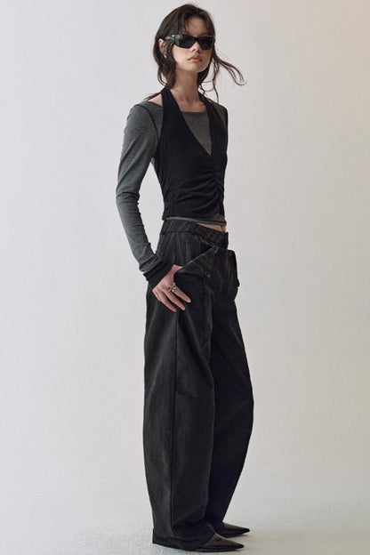 Striped Stitching Two-Piece Halterneck T-shirt