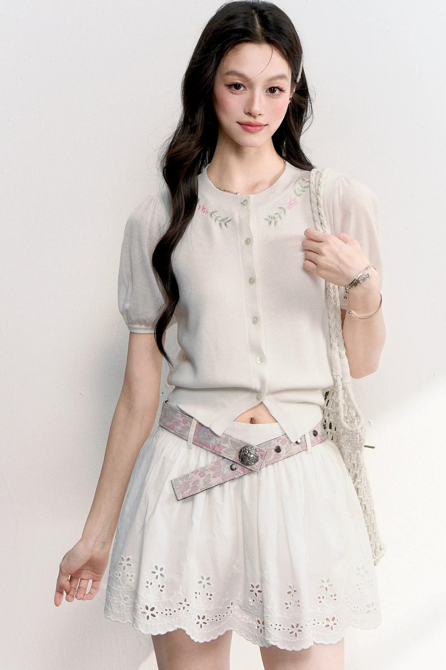 Embroidered Knit Cardigan Top Set-Up