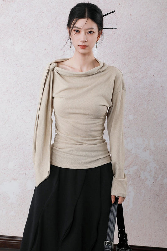 Milk Tea Long Sleeve One-Shoulder Top