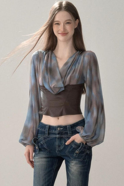 Waist-Cinching Printed Chiffon Shirt