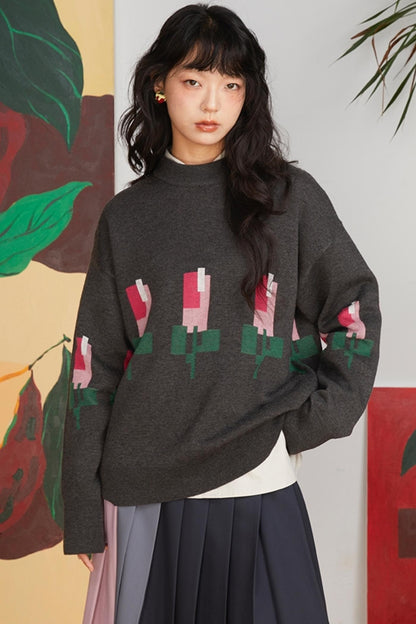 Jacquard Tulip Wool Knit Pullover