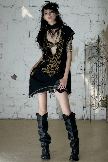 Punk Asymmetrical Neckline T-Shirt Set-Up