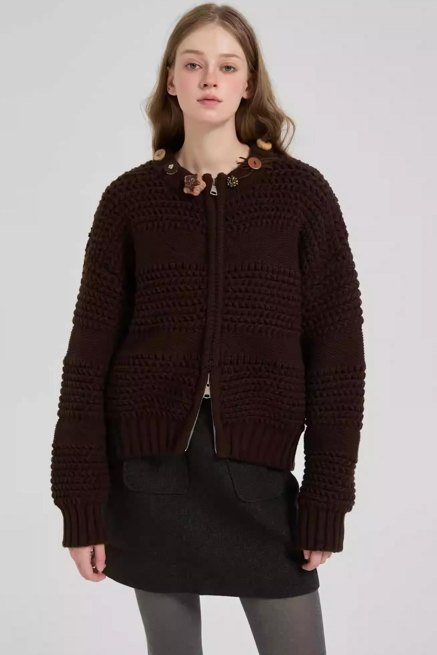 Brown Zipper Cardigan