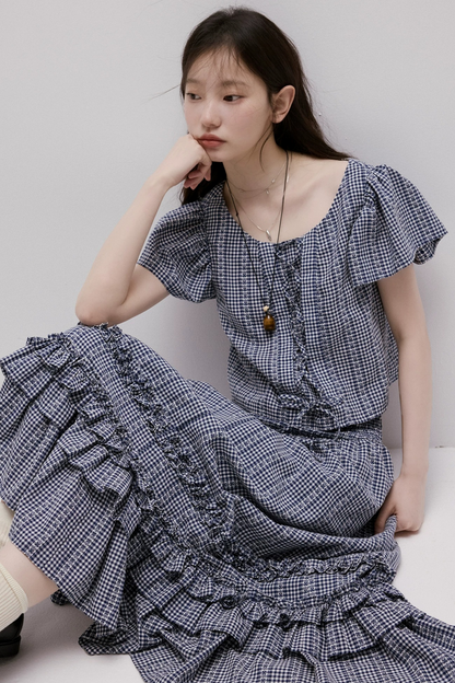 Maglia vichy blu con lacci
