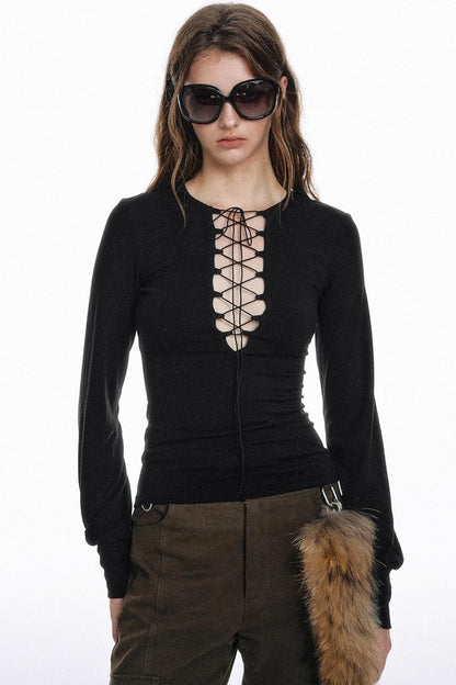 Strap Cut-Out Slim Sleeve T-Shirt