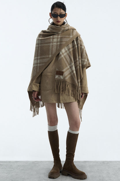 Wool Blend Plaid Cape Cardigan