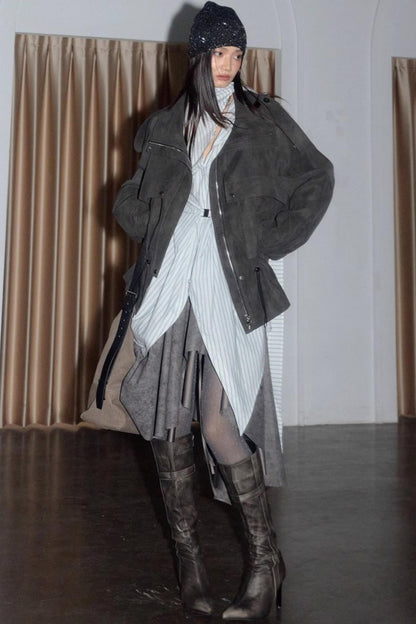 Distressed Matte PU Leather Cargo Jacket