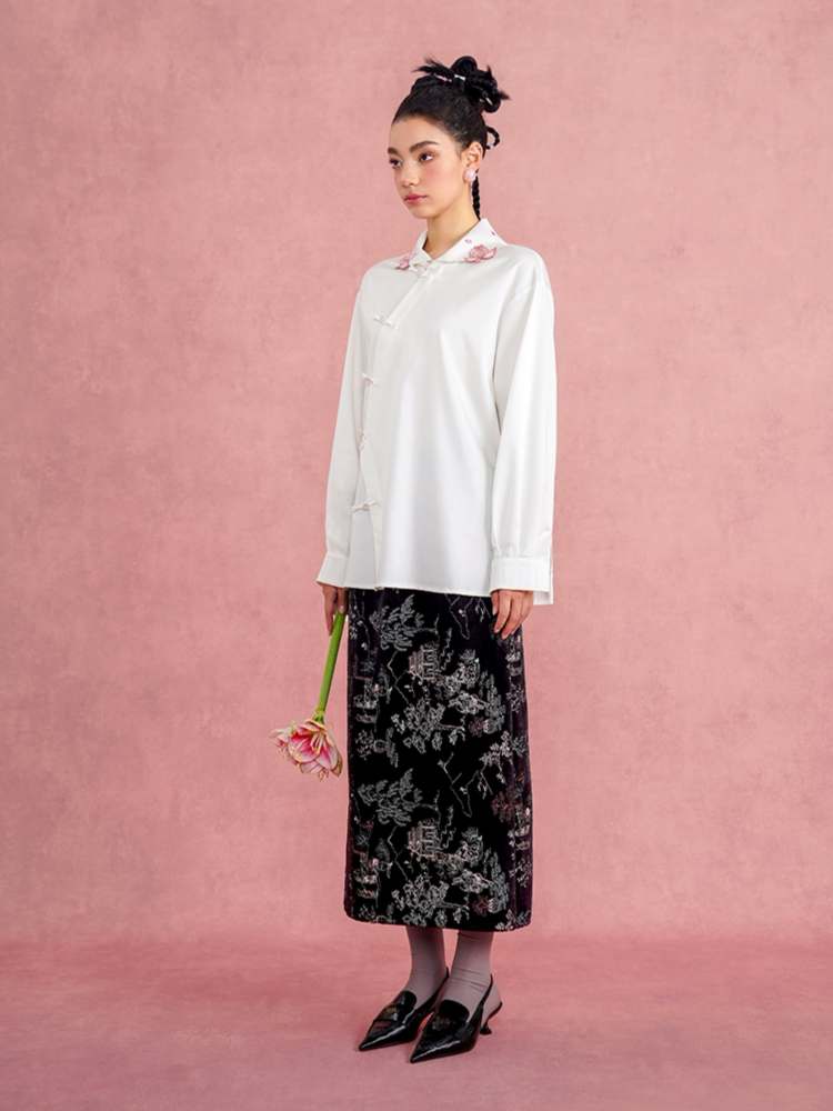 Lotus Flower Embroidery Chinese Blouse