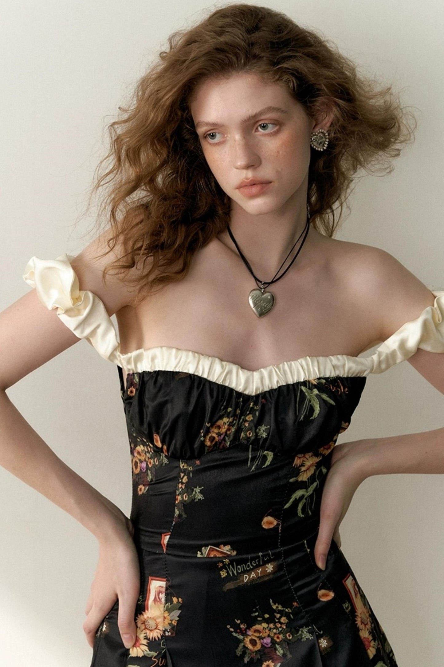 Floral One-Shoulder Black Bustier Dress