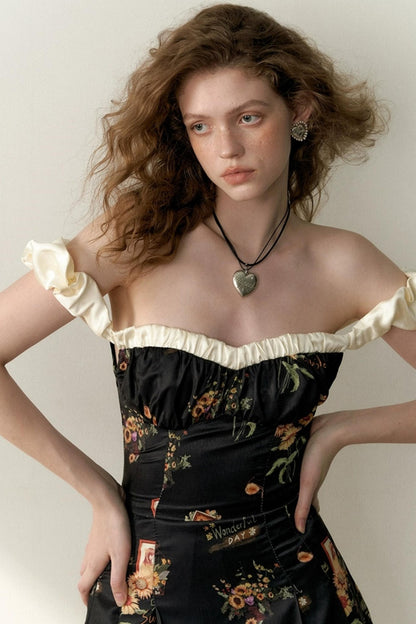 Floral One-Shoulder Black Bustier Dress