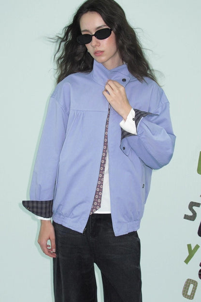 Vintage Plaid Stand-Up Collar Jacket