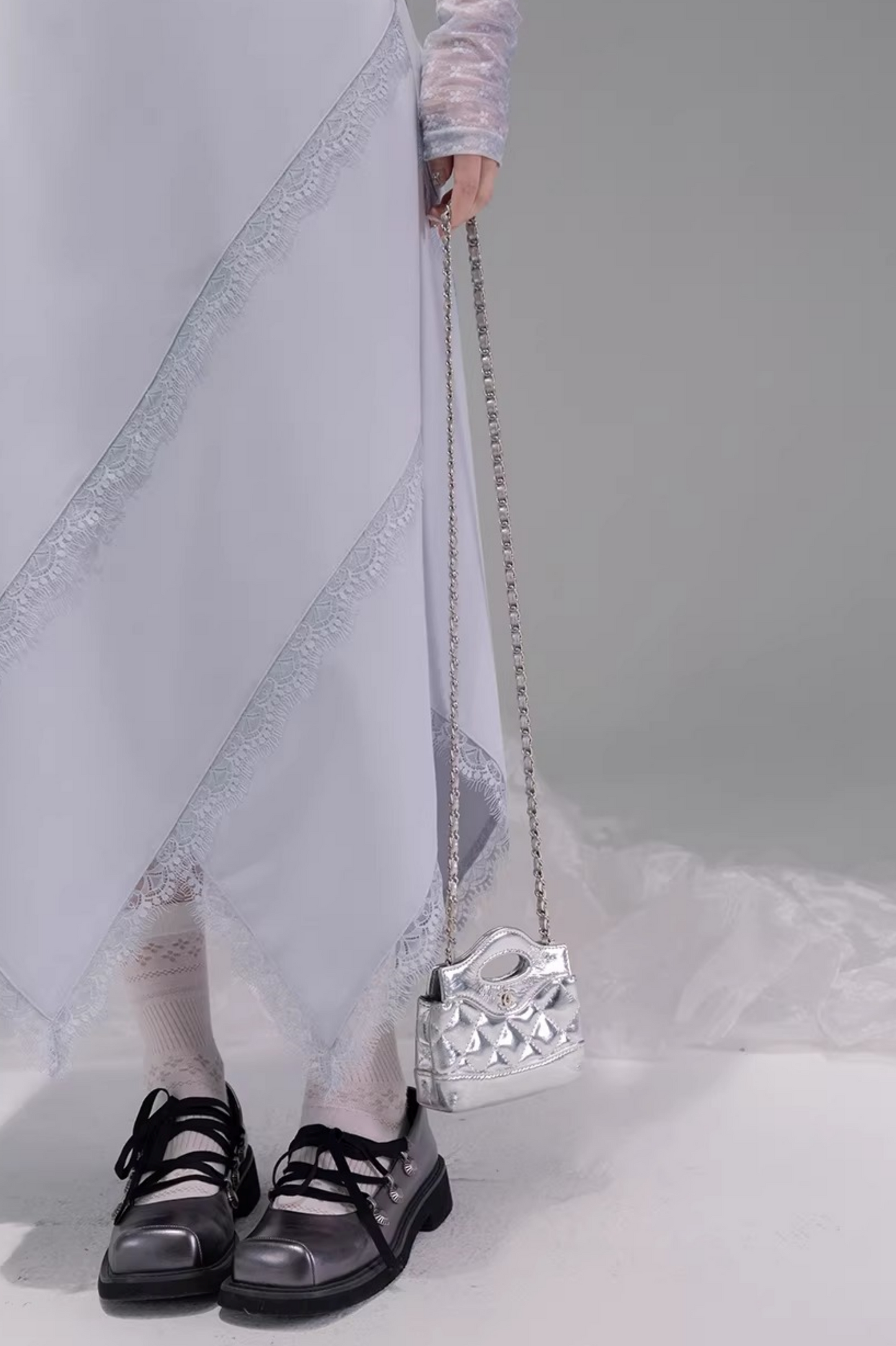 Flowing Gray-Blue Lace Skirt