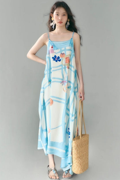 Bread Print Plaid Satin Slip Dress Set-Up