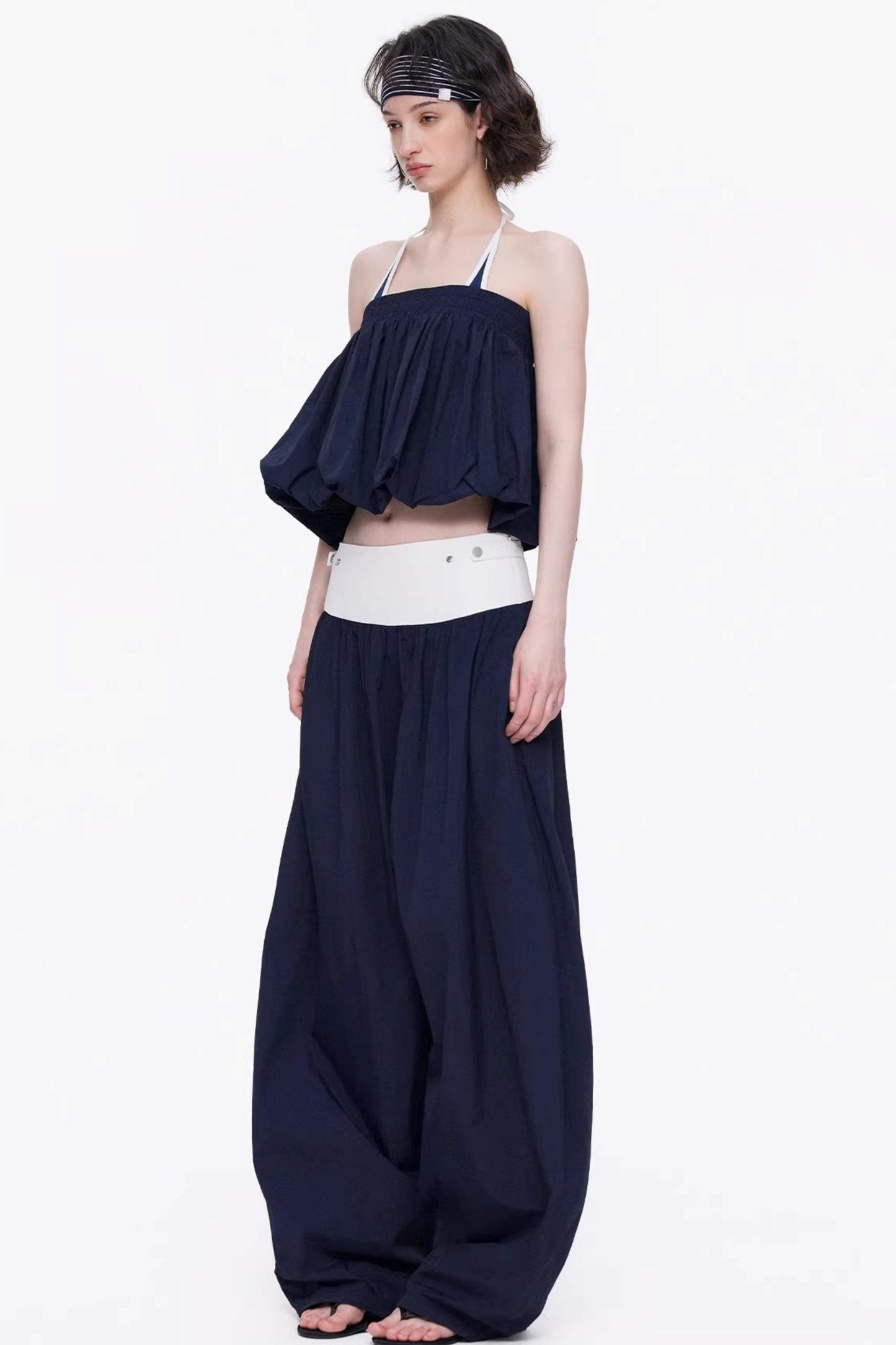 Elegant navy blue  minimalist knitted tube top and wide-leg pants set