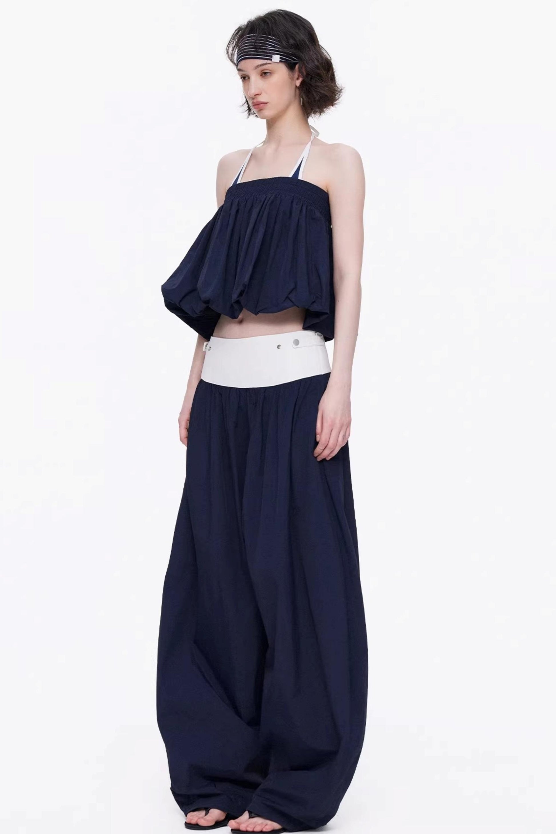 Elegant navy blue  minimalist knitted tube top and wide-leg pants set