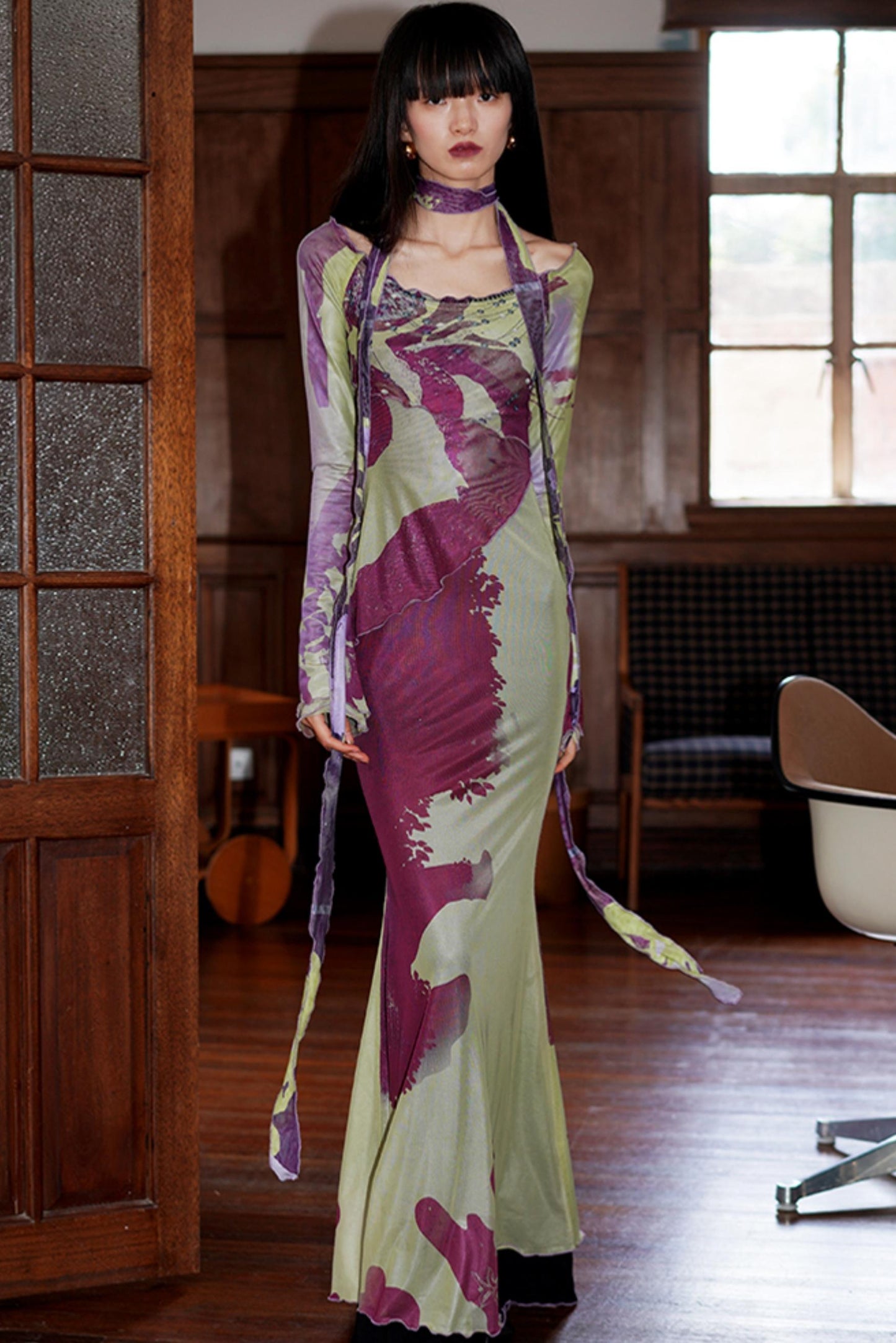 Chinese Print Mesh Maxi Dress