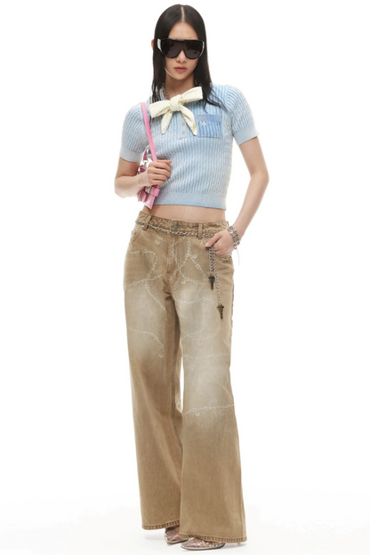 Color-Block Denim Crew Neck Top